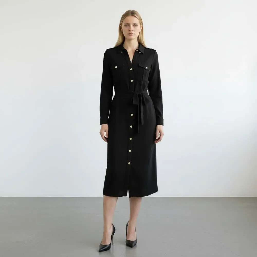 Tory Burch Women Black with Gold Buttons Button Up Jersey Shirt Dress Size XS